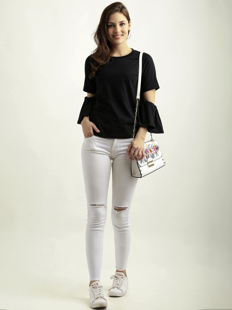 Women's Black Round Neck Flared 3/4 Sleeve Cotton Solid Gathered Cut Out Detail Top