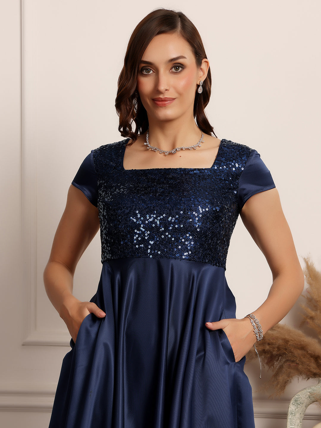 Women's Navy Blue Square Neck Short Sleeve Embellished Fit & Flare Maxi Dress