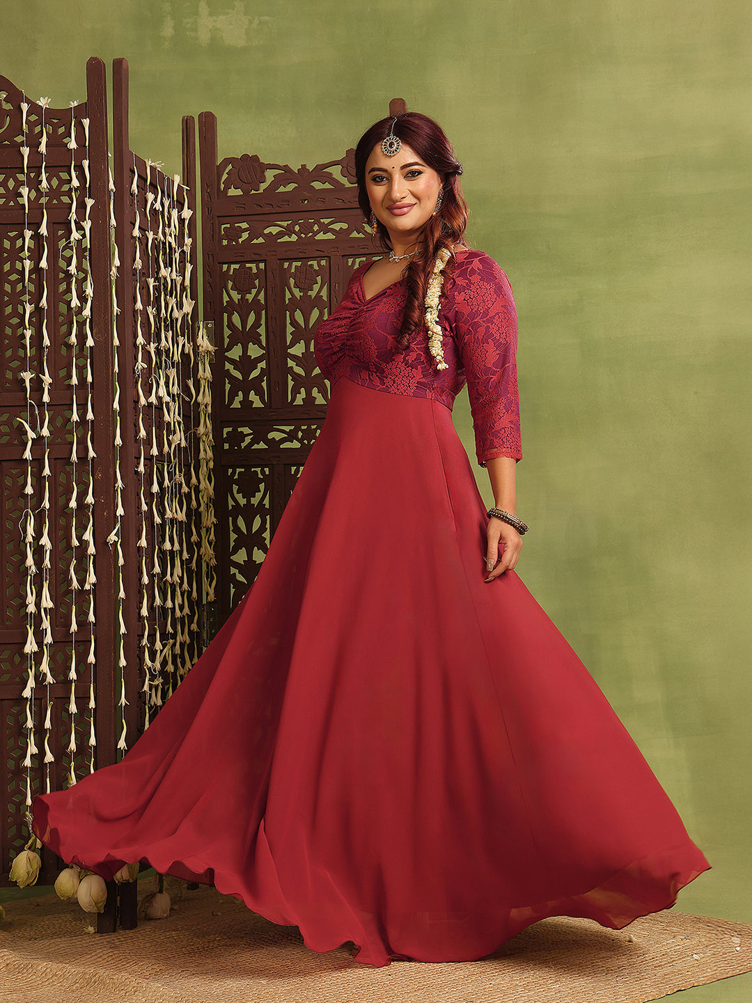 Women's Brick Red Sweetheart-Neck Three-Quarters Sleeve Self-Design Fit & Flare Maxi Dress
