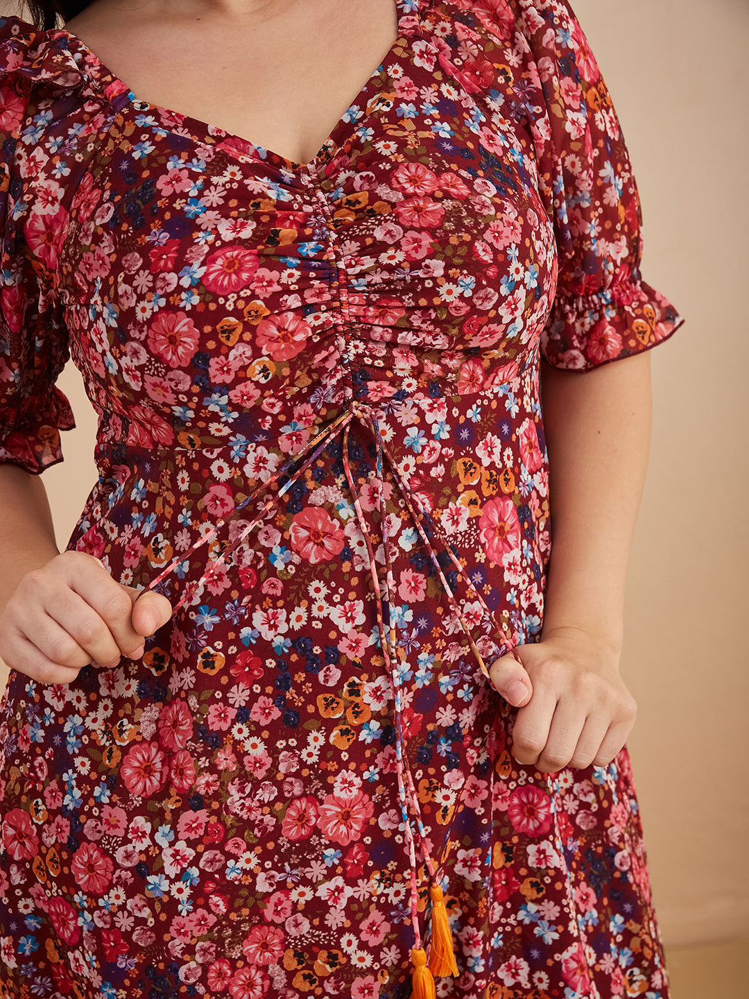 Multicolored-Base-Wine V-Neck Puff Sleeve Floral Ruching Ankle-Length Dress for Women