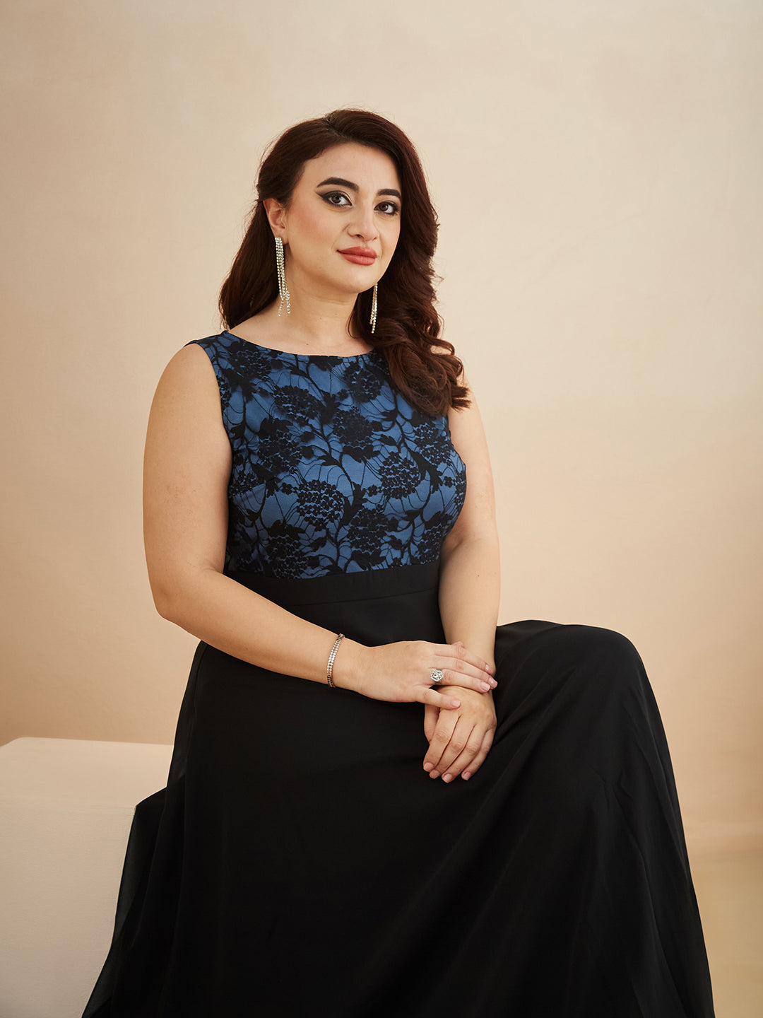 Blue & Black Round Neck Sleeveless Georgette Floral Lace Fit & Flare Maxi Dress for Women — Miss Chase A+