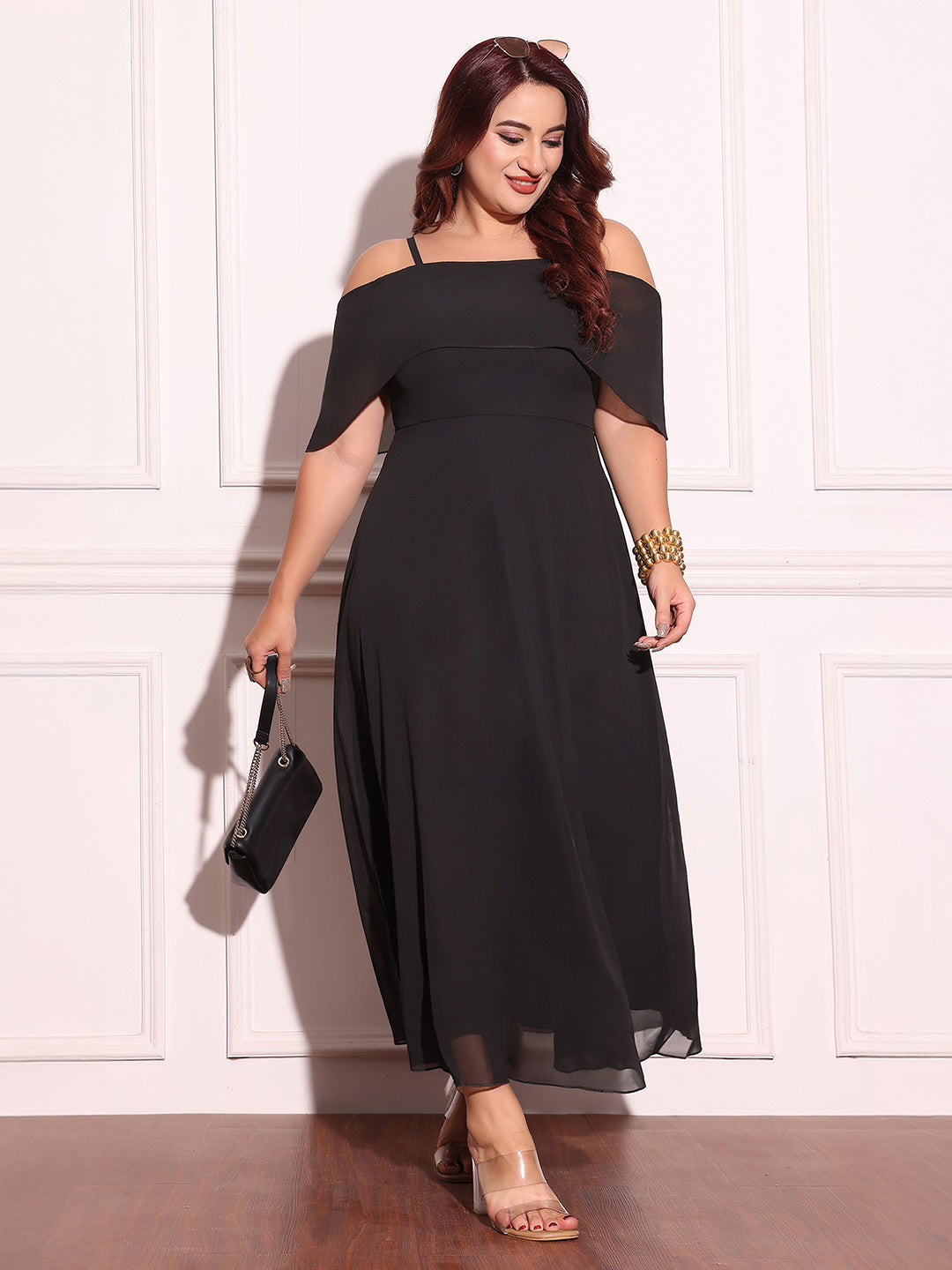 Women's Black Bardot Style Sleeveless Spaghetti-Straps Solid Off-Shoulder Midi Skater Dress
