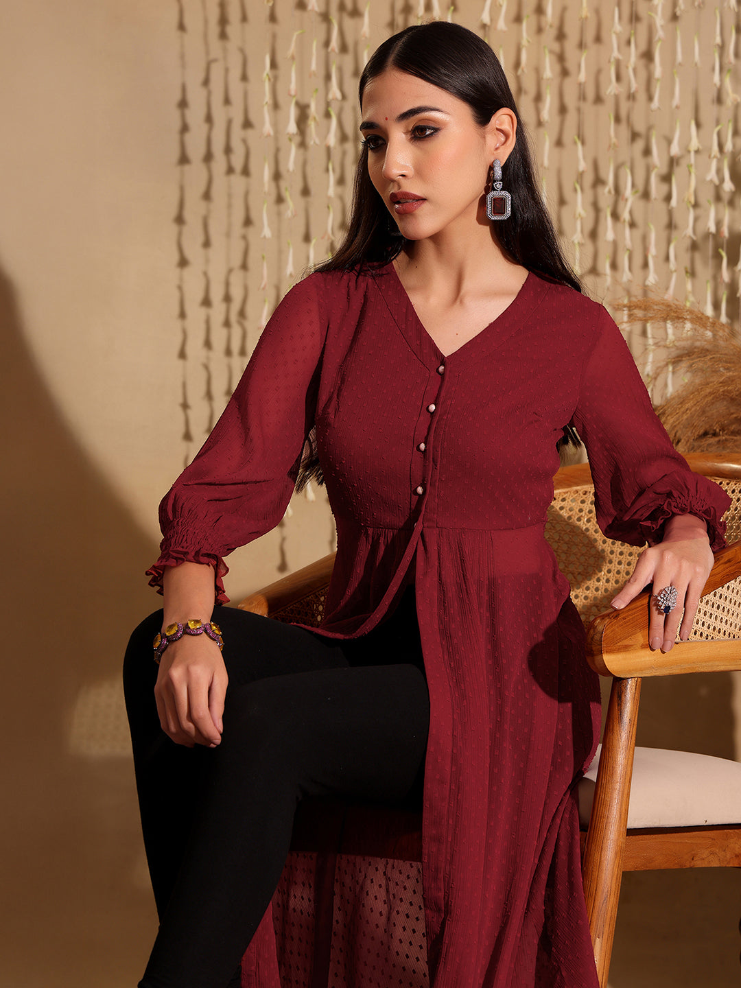 Women's Maroon V-Neck 3/4 Sleeves solid empire Maxi Top