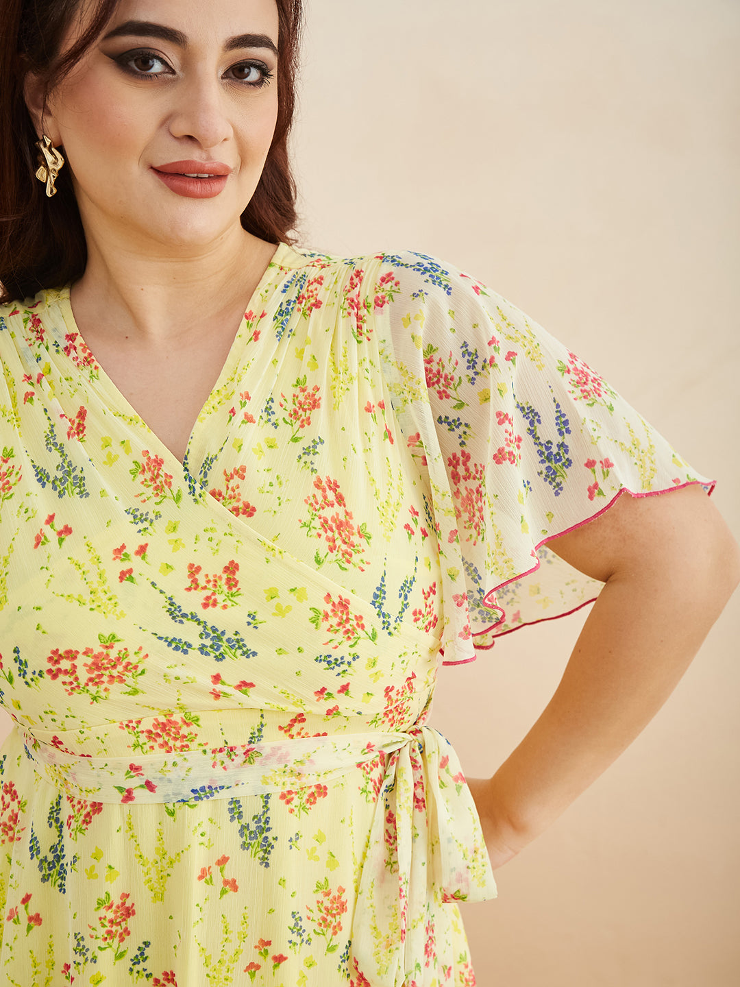 Yellow V Neck Flared Sleeve Floral Wrap Maxi Dress for Women