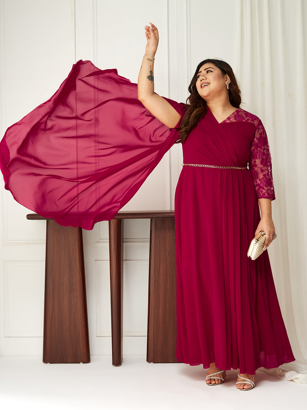 Women's Dark Pink V-Neck Asymmetric Self-Designed Georgette Maxi Dress