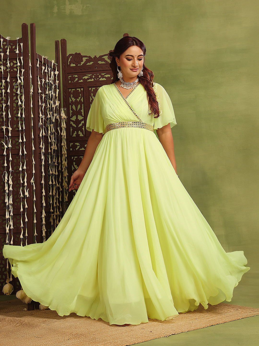 Women's Lemon Yellow V-Neck Flared-Sleeves Solid Georgette Fit & Flare Maxi Dress