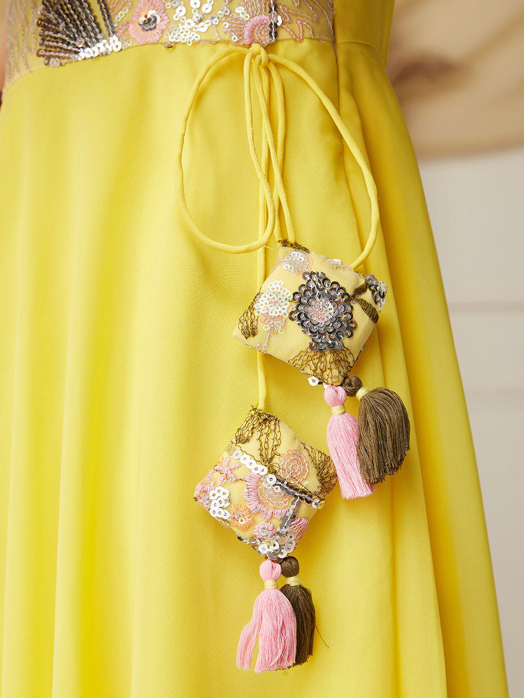 Multicolored-Base-Light Yellow Round-Neck Sleeveless Embellished Flared Polyester Maxi Dress