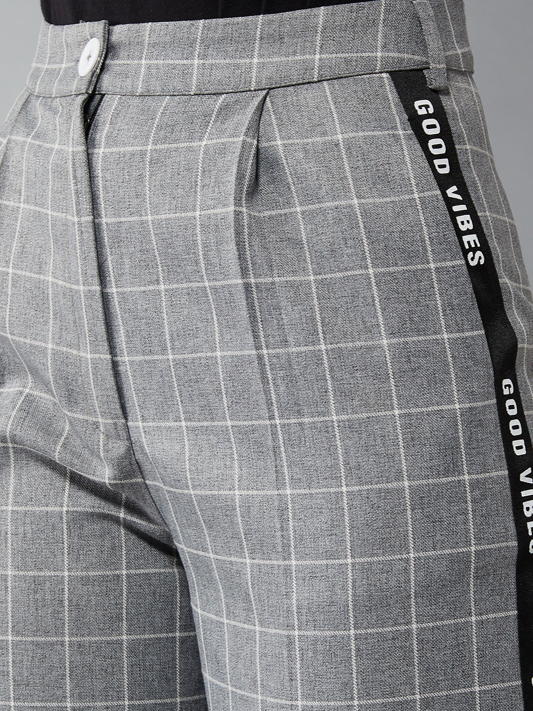 Women's Grey & White Regular Fit Checkered Flared Trouser