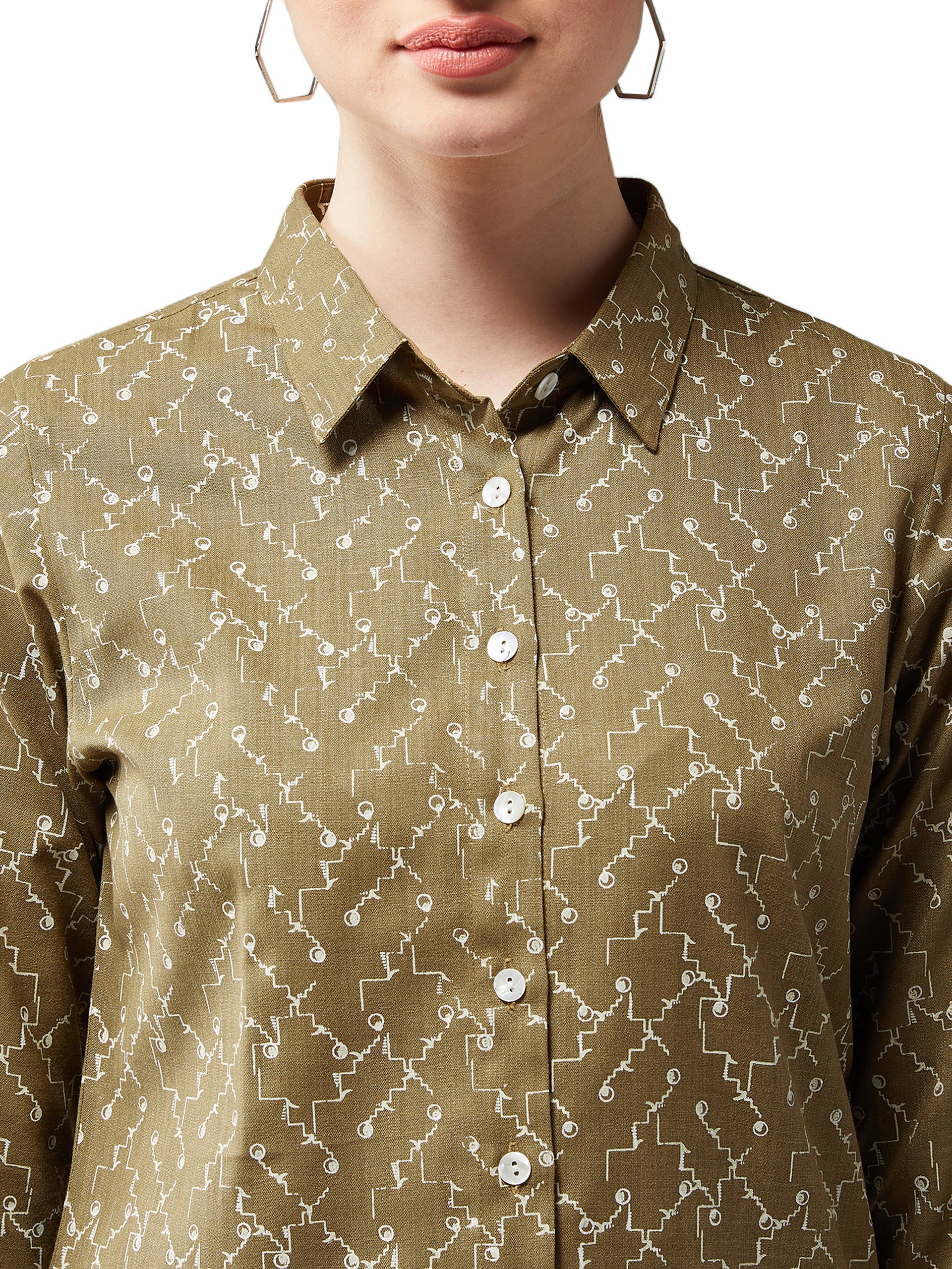 Women's Multicolored-Base Olive Green Collared 3/4 Sleeves Printed Basic Regular Length Shirt