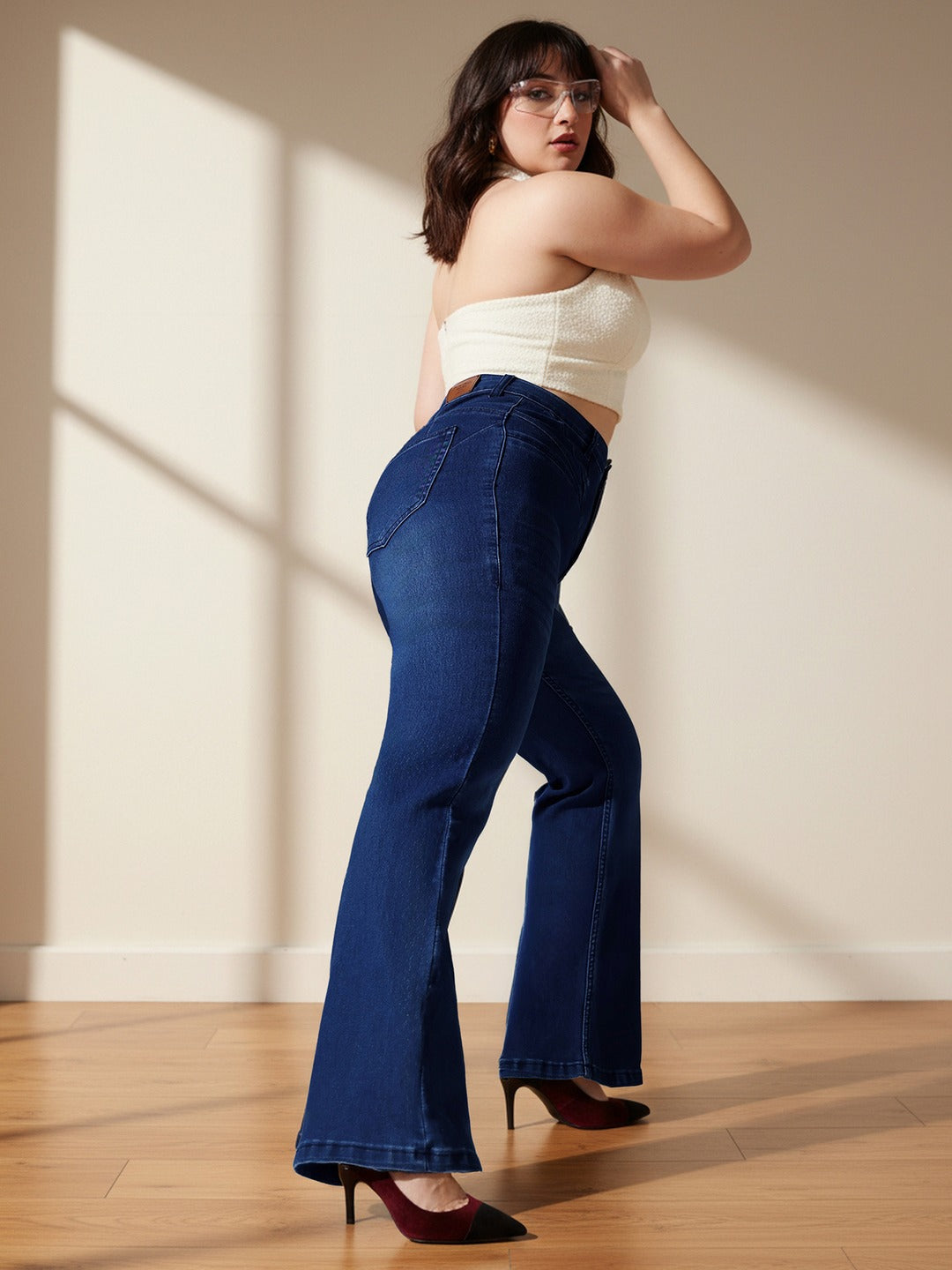 Mid Blue Wide-Leg High-Rise Stretchable Denim Jeans for Women