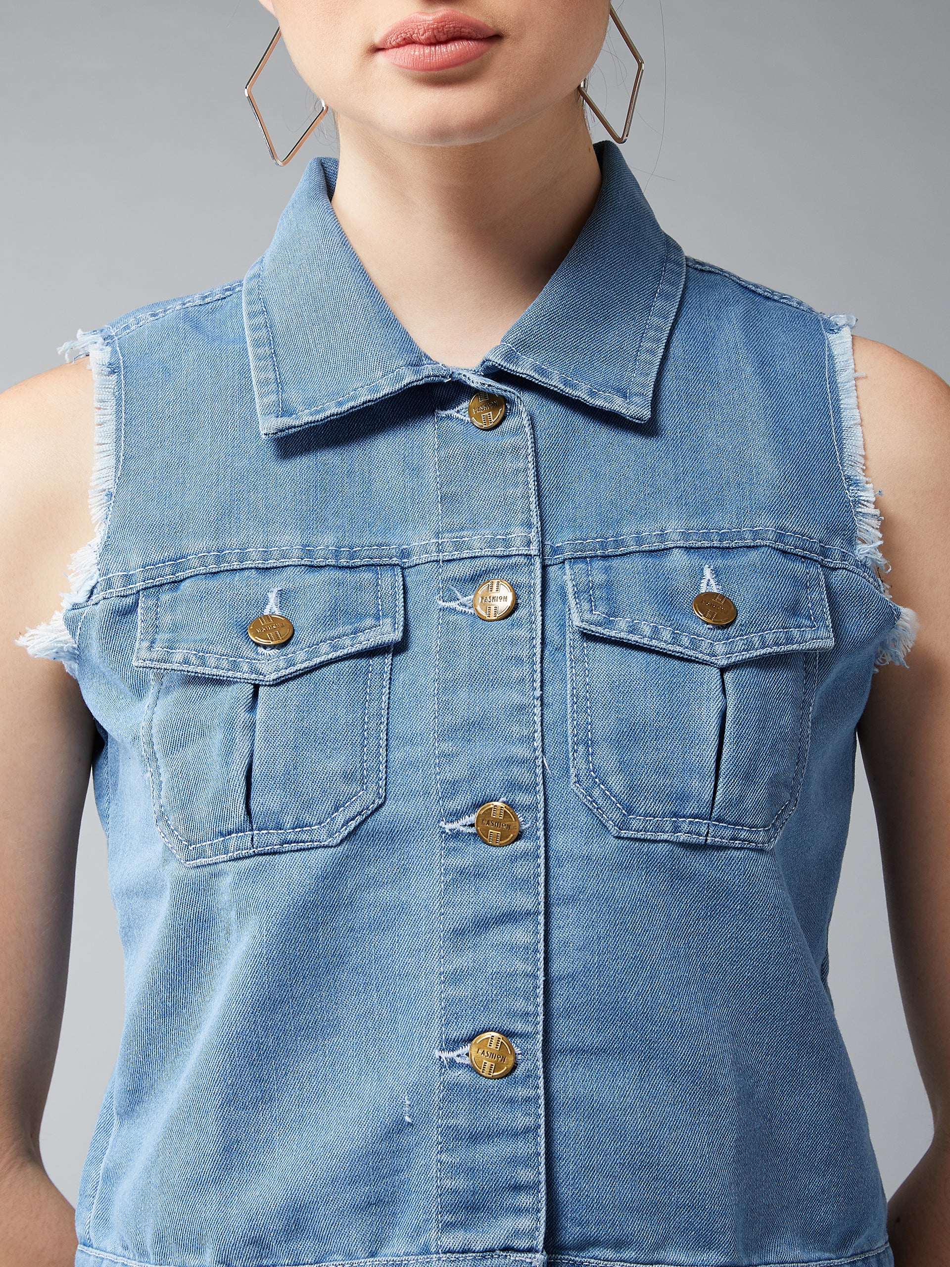 Women's Light Blue Polo Neck Sleeveless Denim Solid Buttoned Ice Wash Raw Edge Detailing Crop Denim Jacket