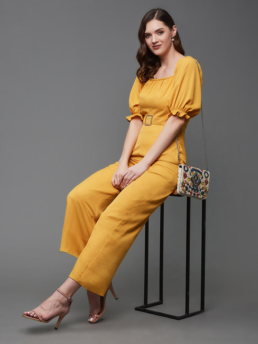 Women's Mustard Square Neck Puff Sleeve Solid Straight Leg Regular Length Crepe Jumpsuit