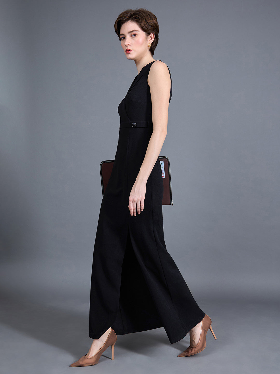 Women's Black V-Neck Sleeveless Solid Side Slit Wrap Maxi Dress