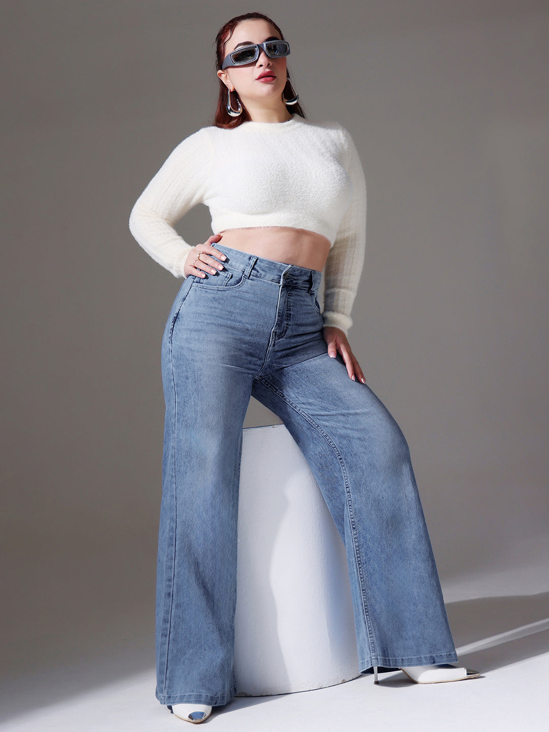 Women's Light Blue Wide-Leg High-Rise Clean-Look Stretchable Denim Jeans