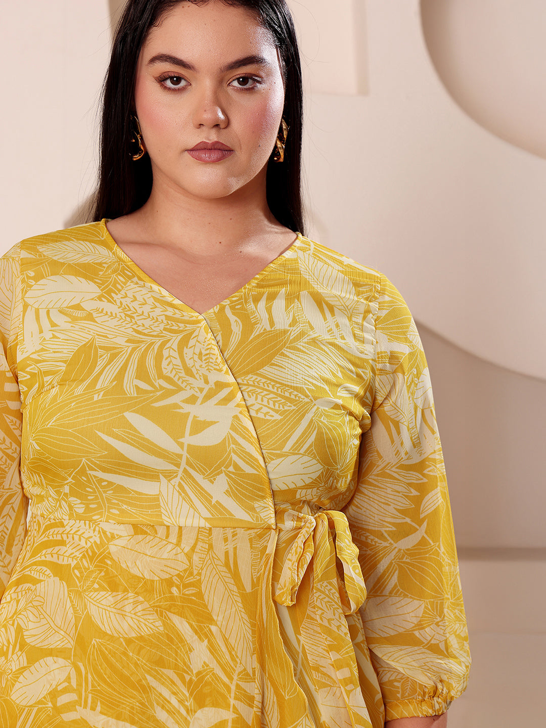 Women's Yellow & White V-Neck Full-Sleeves Floral Layered Maxi Dress