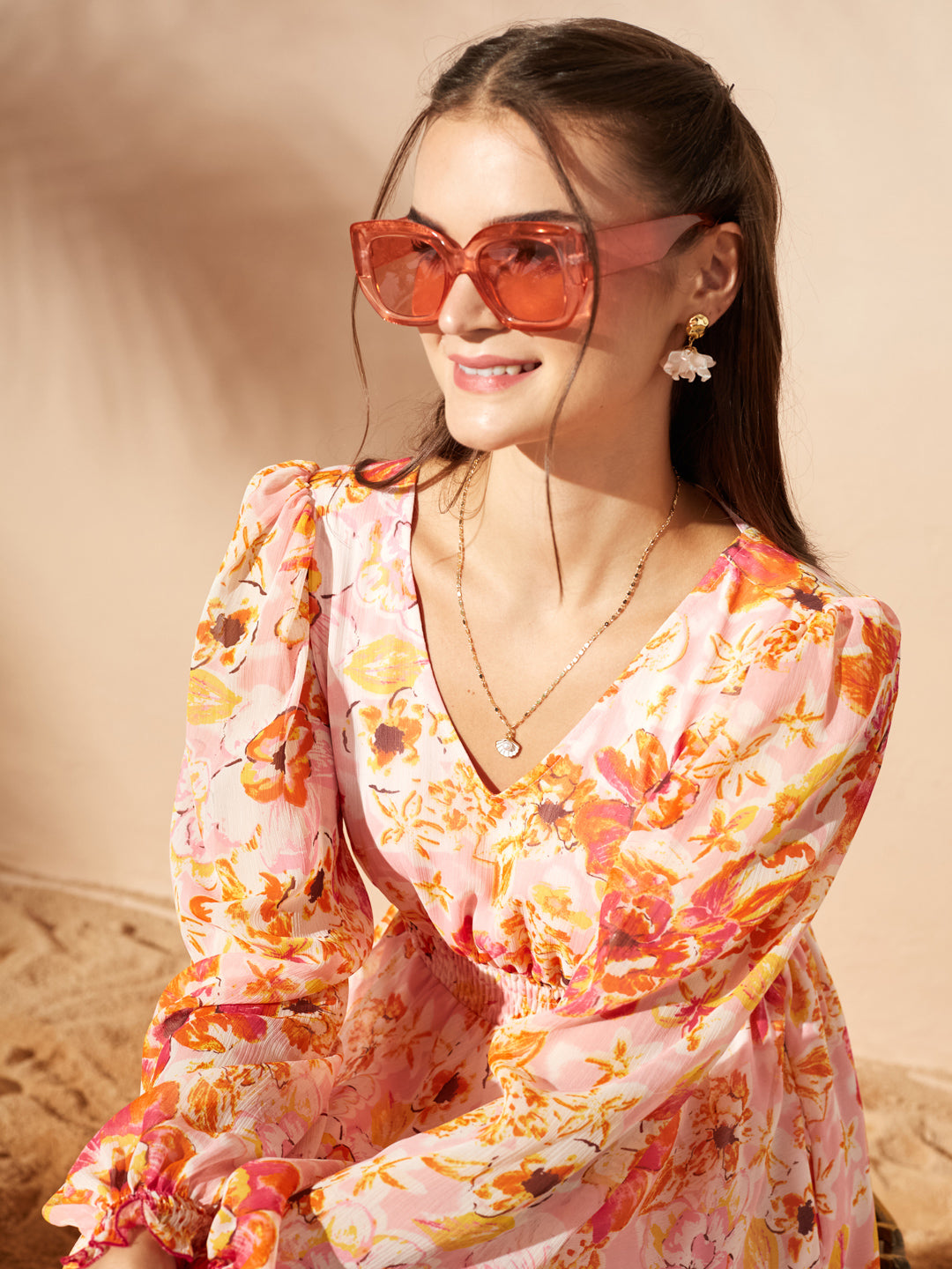 Orange Full Sleeves Floral Printed Fit and Flare Dress for Women