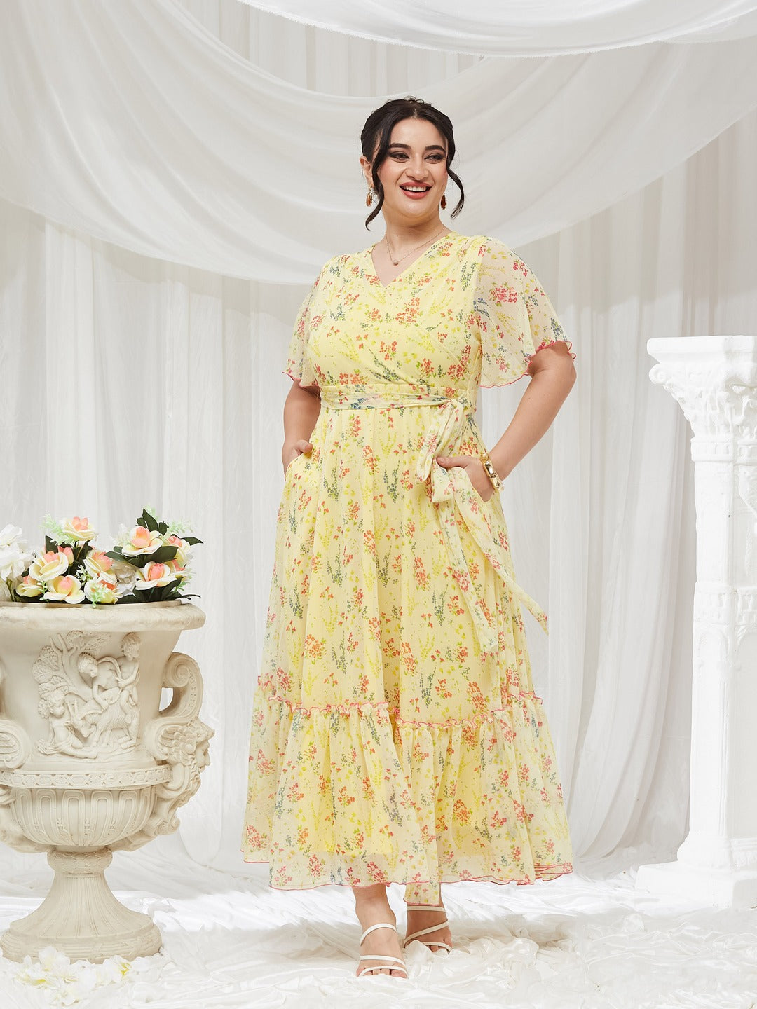 Yellow V Neck Flared Sleeve Floral Wrap Maxi Dress for Women — Miss Chase A+