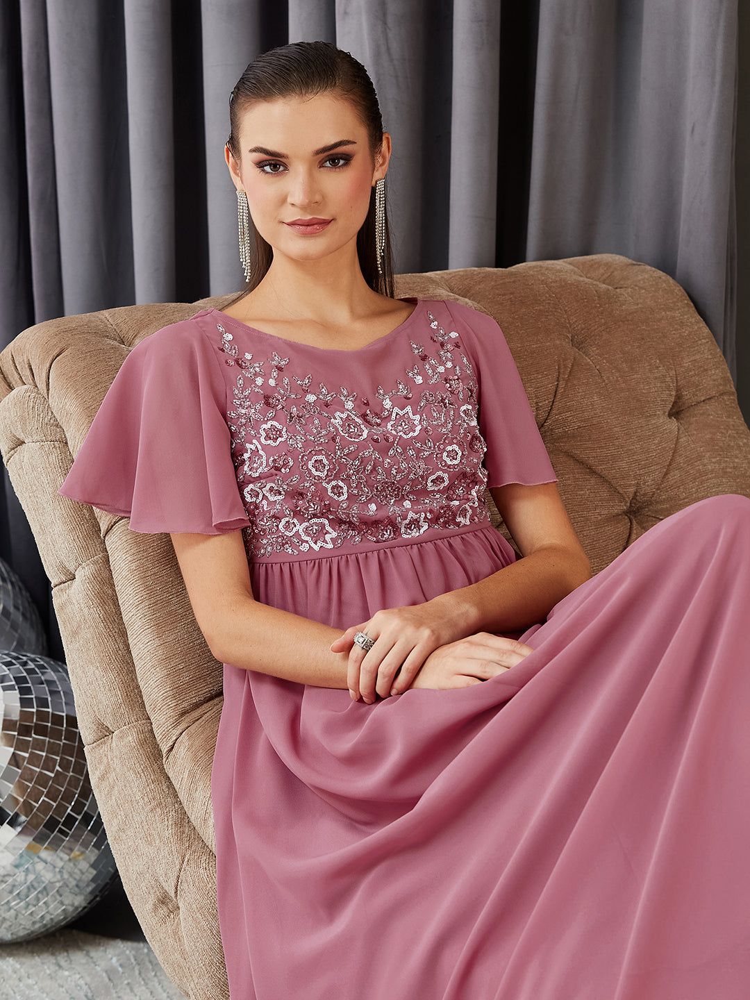 Women's Dusty Lavender Boat Neck Half Sleeve Solid Embellished Georgette Maxi Dress