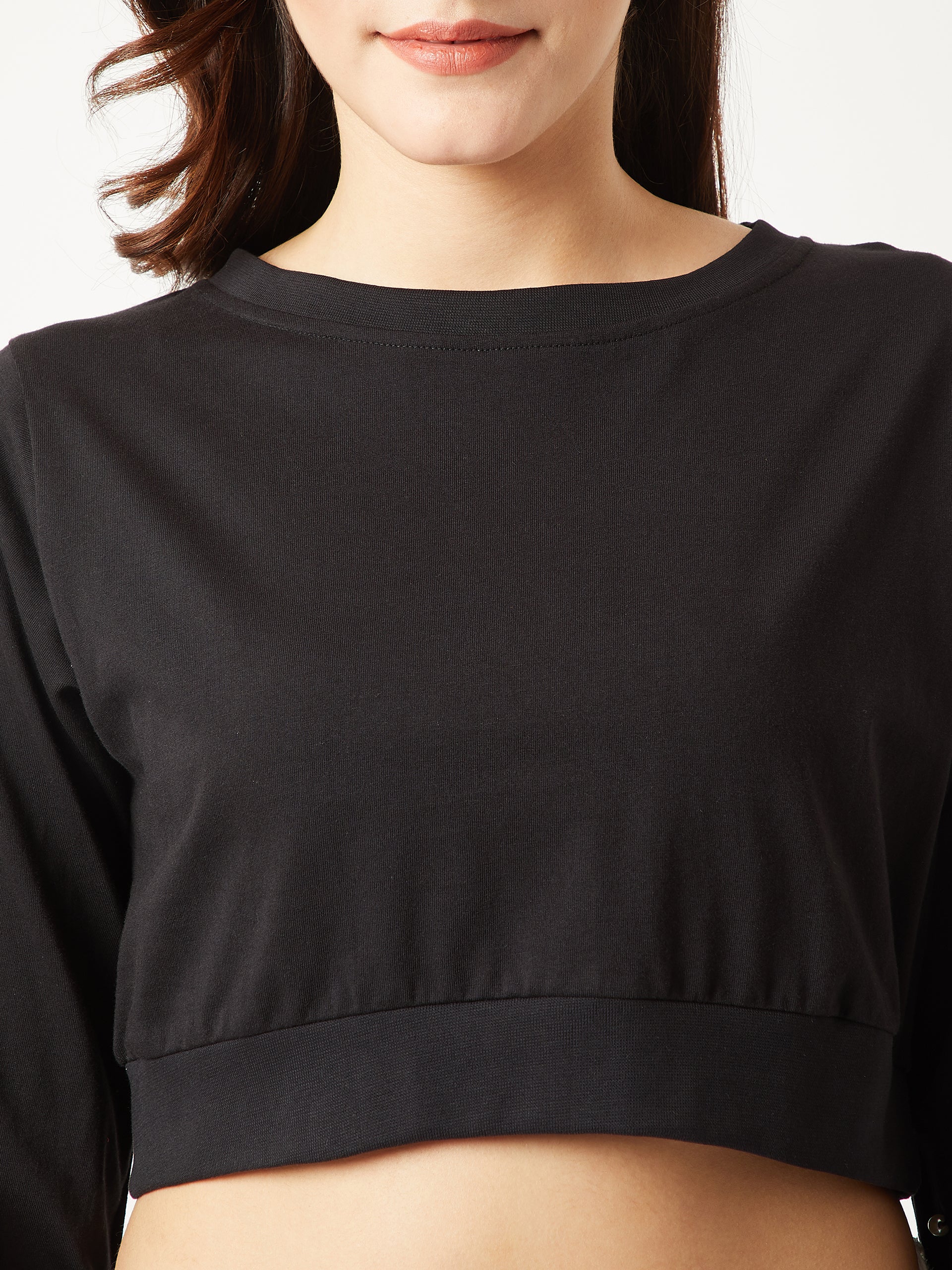Women's Black Round Neck Full Sleeves Cotton Solid Pearl Detailing Boxy Crop Top