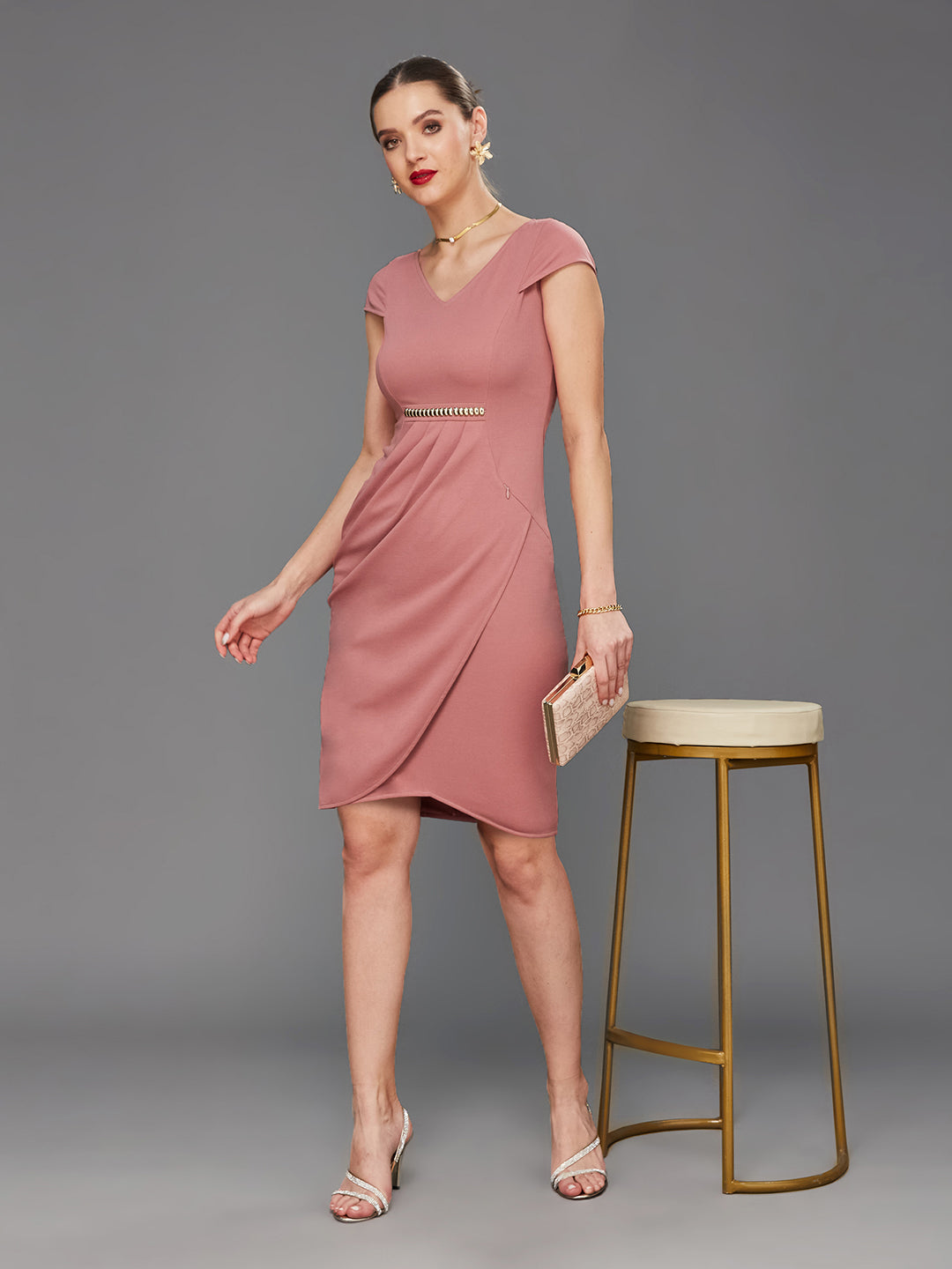 Women's Dusty Pink V-Neck Cap Sleeve Solid Wrapped Polyester Knee-Long Dress