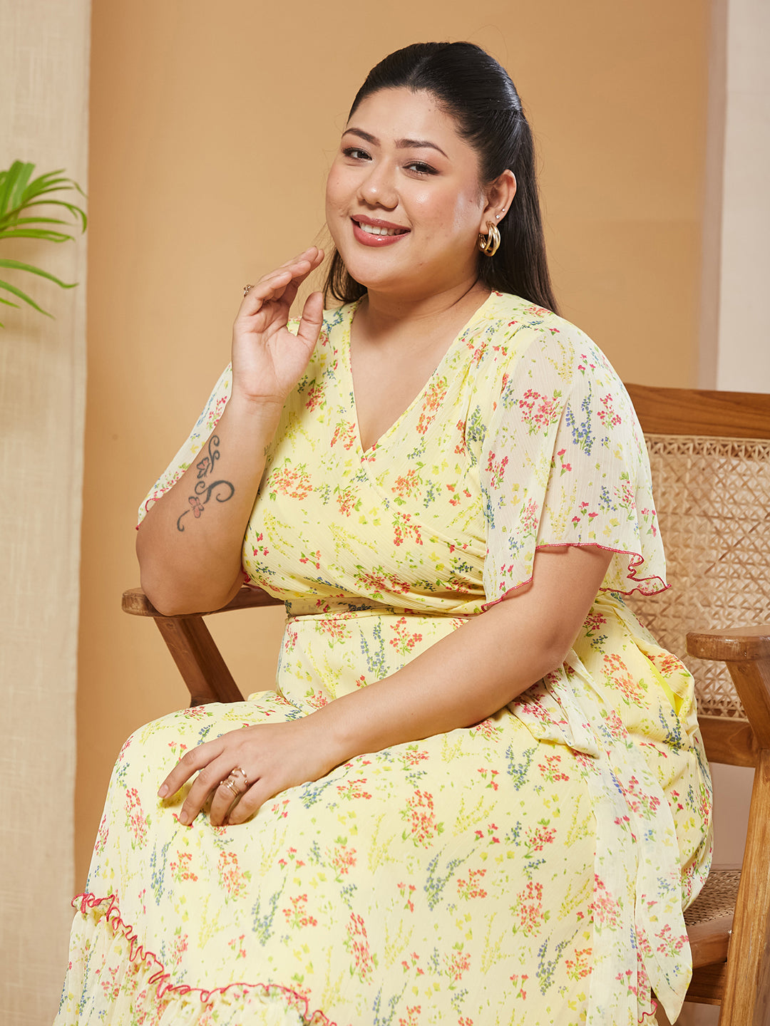 Multicolored-Base-Yellow V-Neck Flared-Sleeves Floral Wrap Maxi Dress for Women