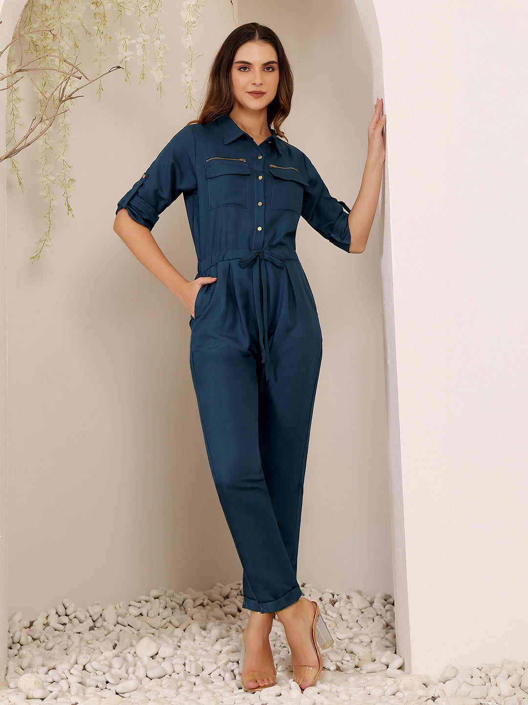 Women's Teal Blue Collared V-Neck 3/4 Sleeves Straight Leg Tie-Up Solid Belted Wrap Jumpsuit