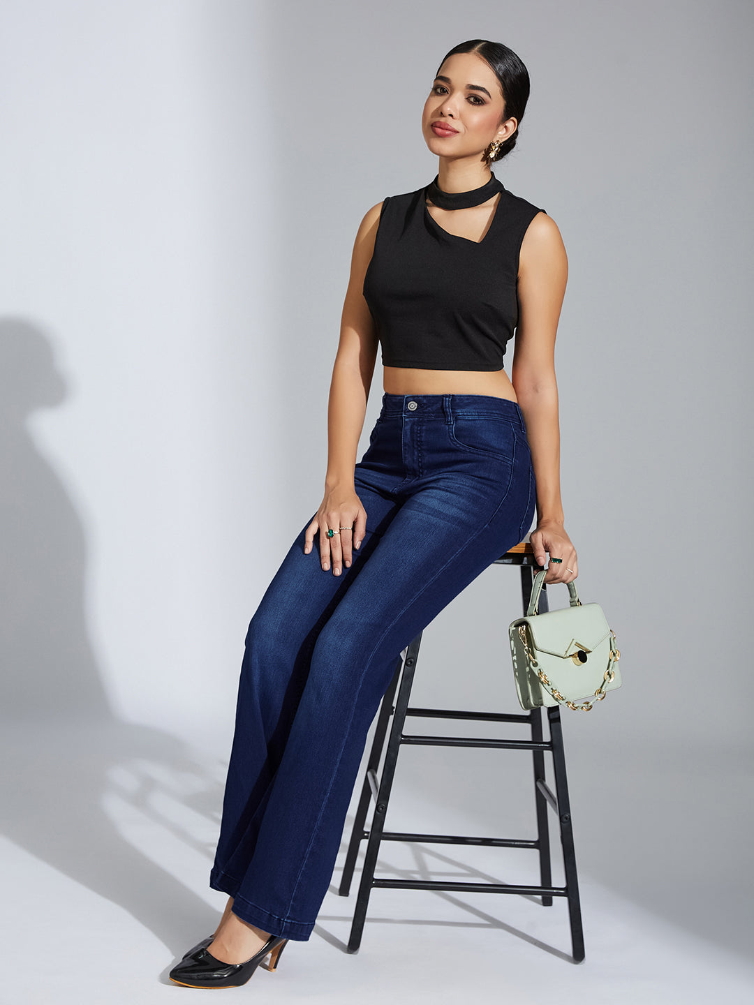 24/7 Comfort Navy-Blue High-Rise Clean-Look Stretchable Bootcut Denim Jeans for Women