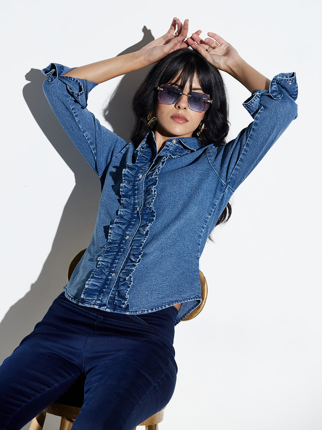 Navy Blue Ruffled Placket Denim Shirt with Pearl Buttons for Women