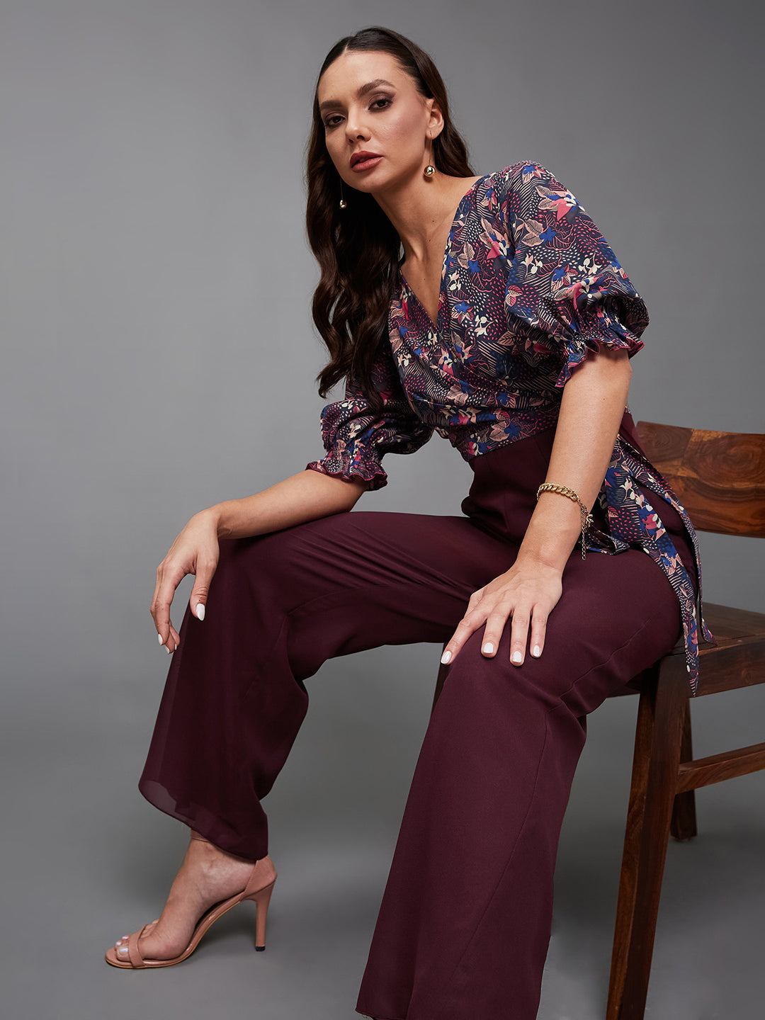 Women's Multicolored-Base-Wine V-Neck Puff Sleeve Floral Patterned Wrap Regular Georgette Jumpsuit