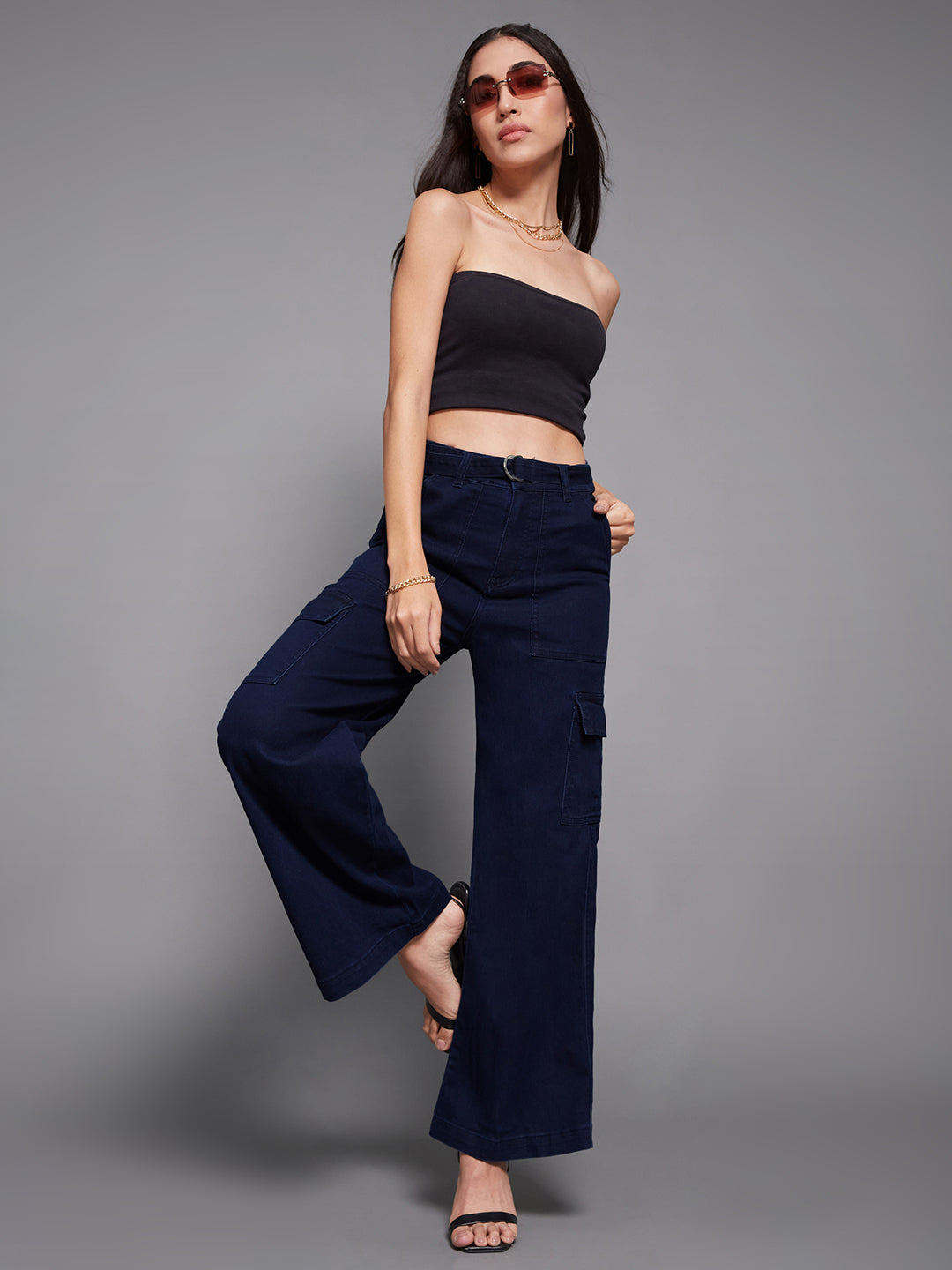 Women's Navy Blue Wide leg High rise Clean Look Regular Stretchable Cargo Denim Jeans