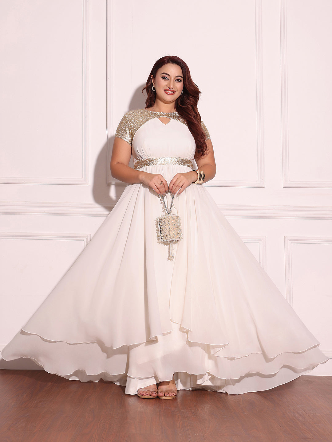 Women's Off White Keyhole-Neck Short-Sleeved Embellished Layered Georgette Maxi Dress