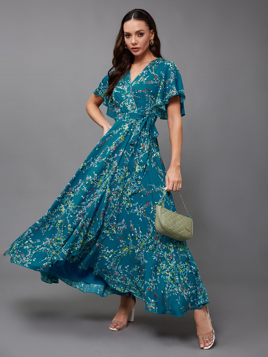 Women's Multicolored-Base-Turquoise V-Neck Half Sleeve Floral Wrap Crepe Maxi Dress