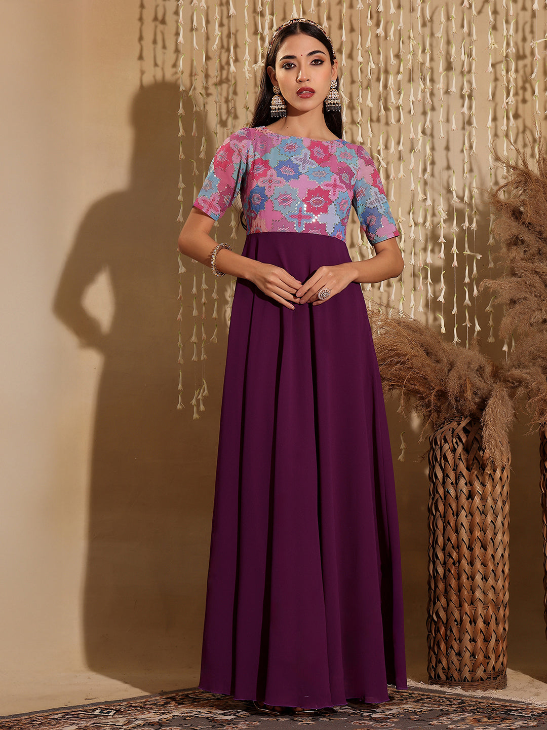 Women's Multicolored-Base-Dark Purple Boat Neck Half Sleeve Geometric Fit & Flare Georgette Maxi Dress