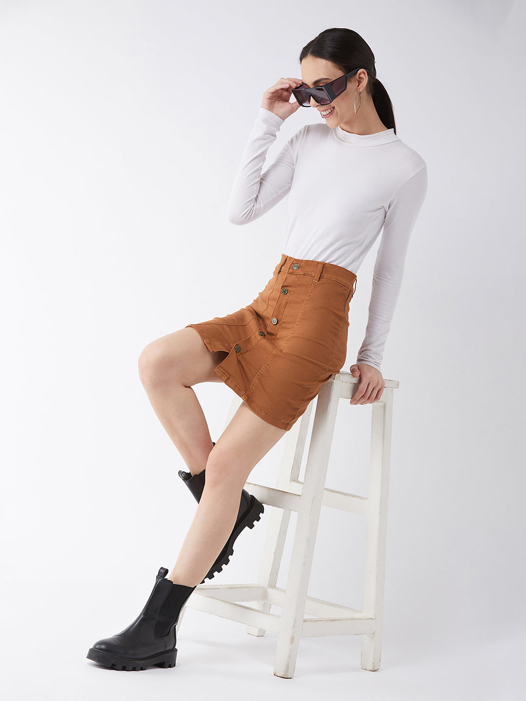 Women's Rust Cotton Slim Fit Relaxed High Rise Mini Denim Skirt