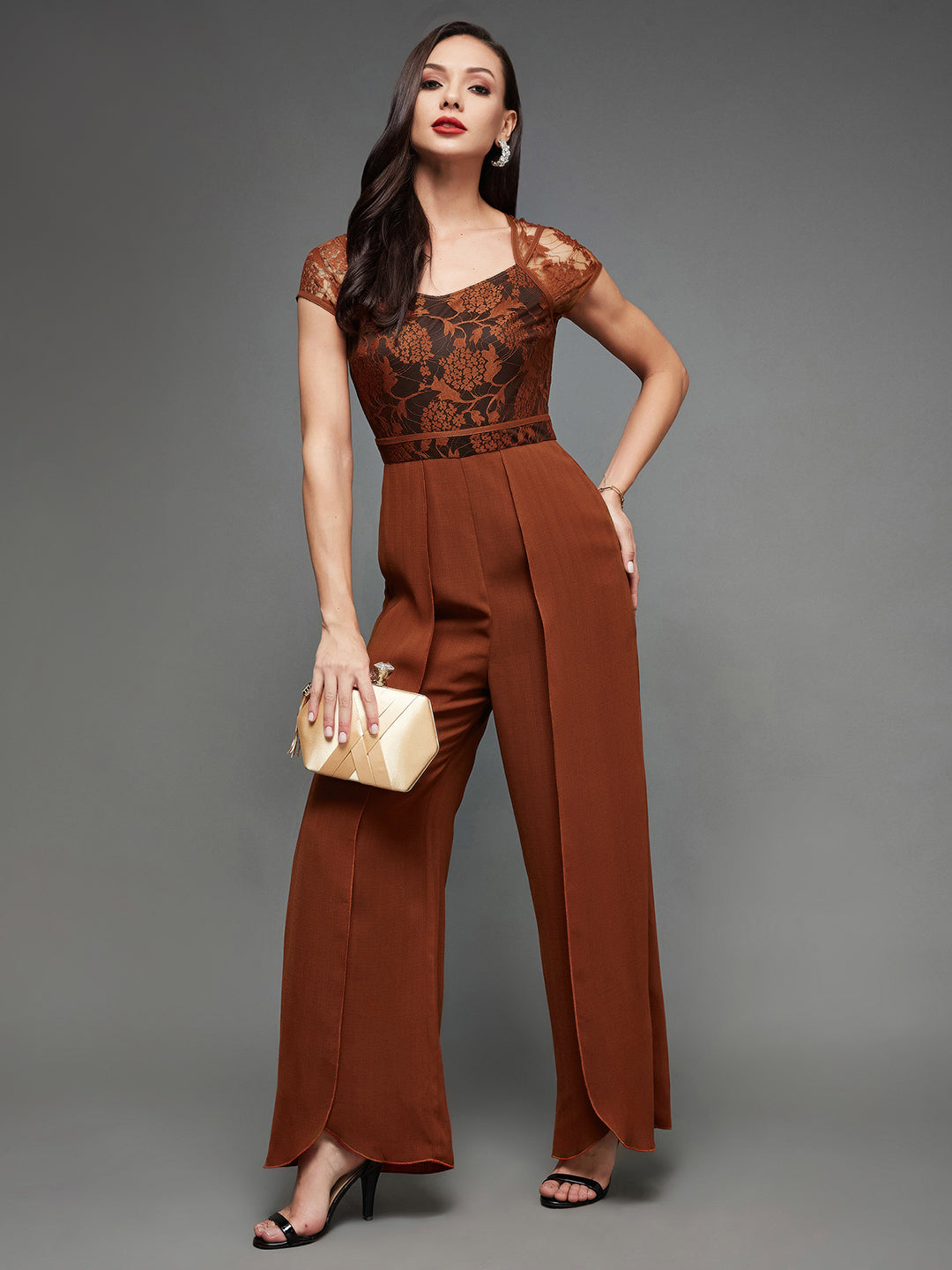 Women's Rust Sweetheart Neck Raglan Sleeve Floral Lace Overlaid Crepe Regular Length Jumpsuit