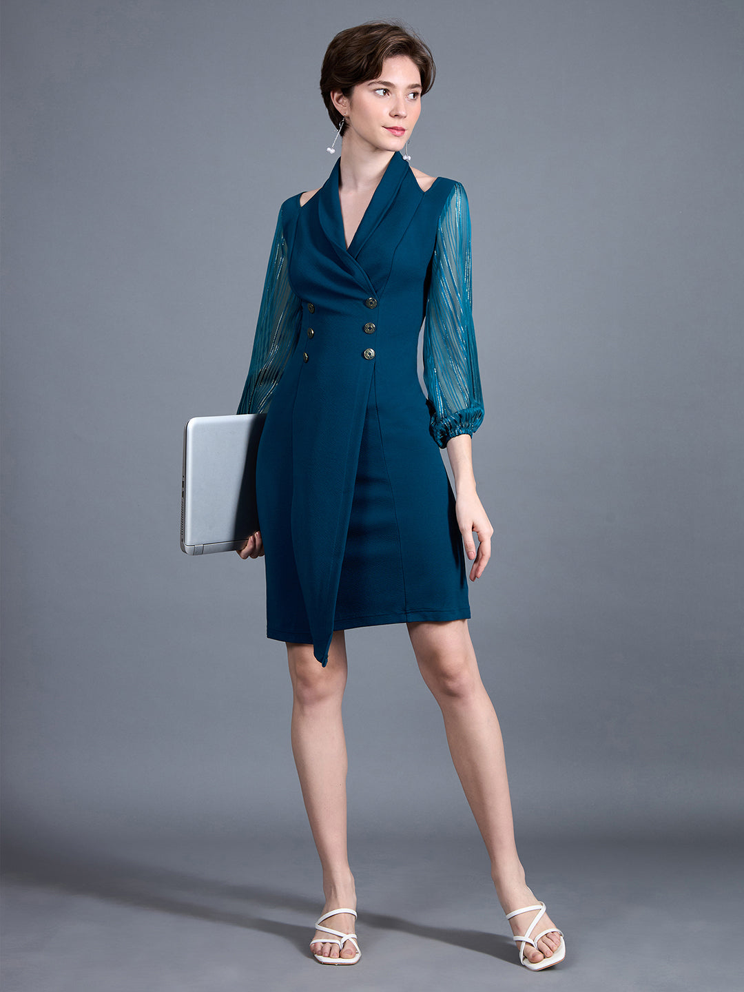 Women's Teal Shawl Collar Bishop Sleeves Solid Double Breasted Knee Length Dress