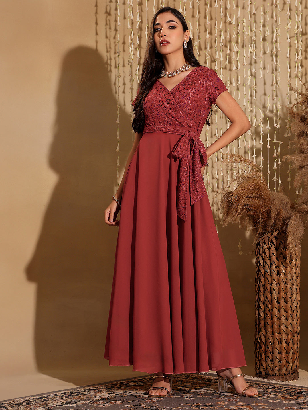 Women's Brick Red V-Neck Short Sleeve Self-Designed Lace Overlaid Georgette Maxi Dress