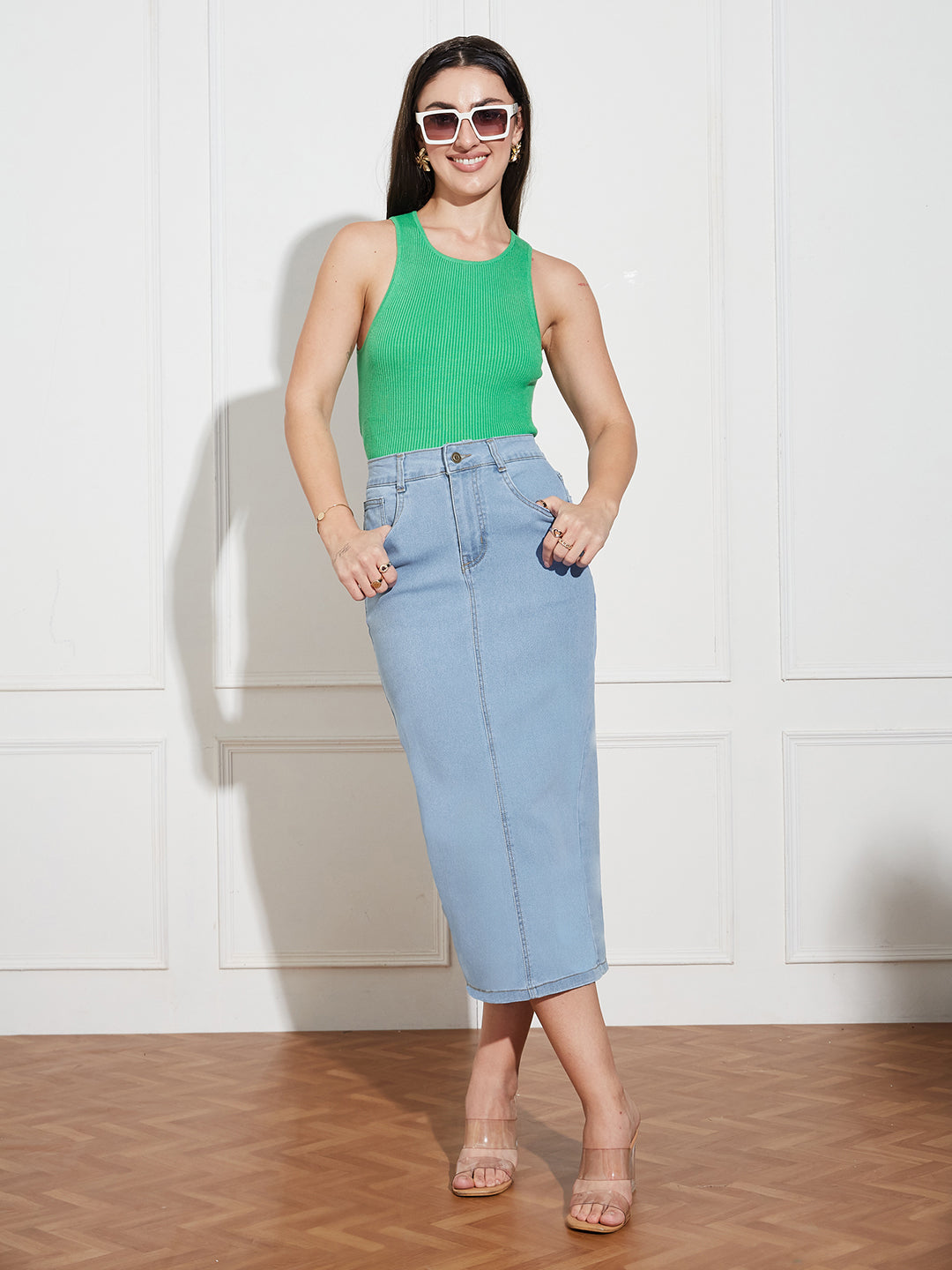 Women's Light Blue Straight High Rise Clean Look Midi Stretchable Denim Denim Skirt