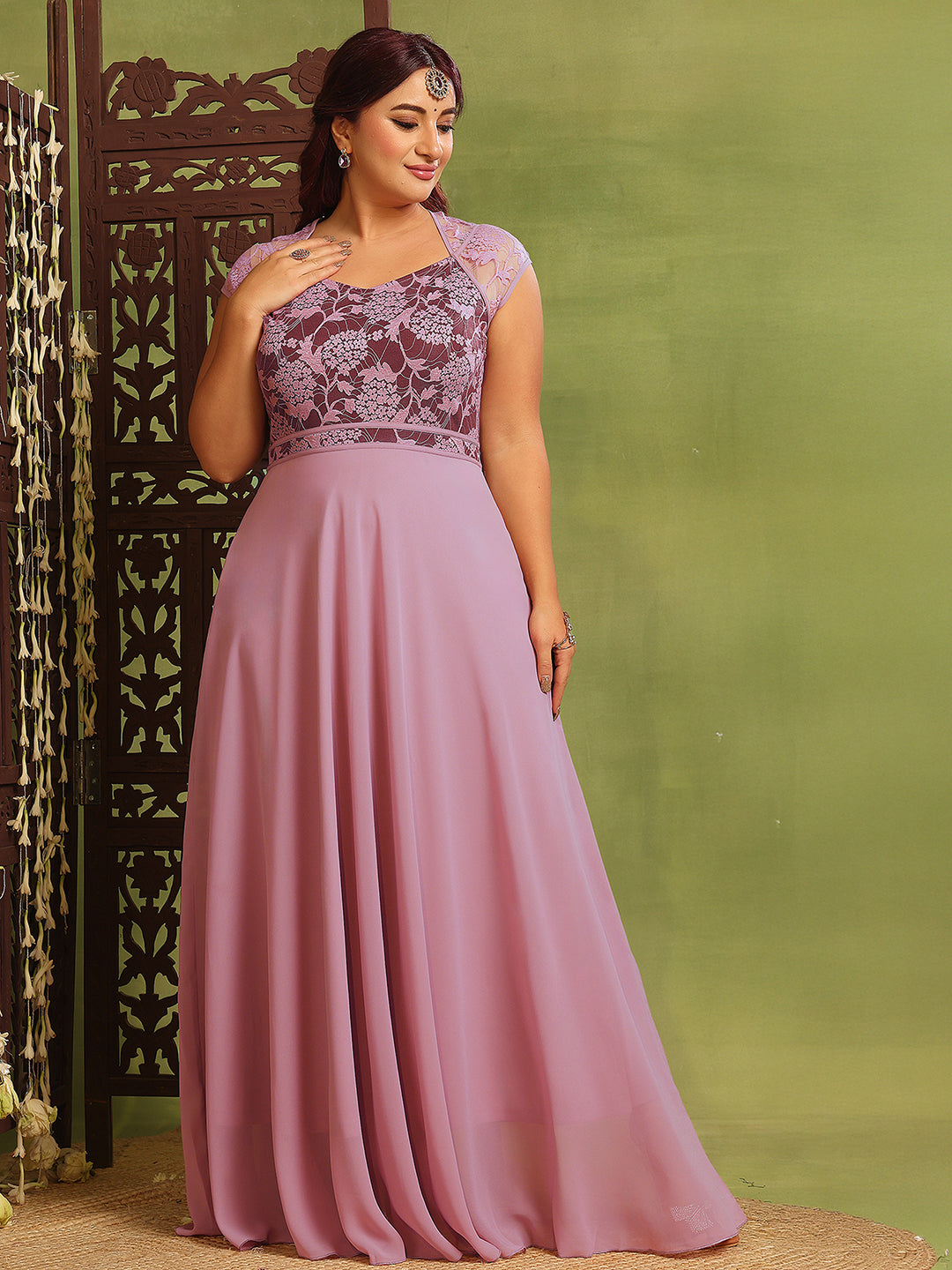 Women's Lavender & Wine V-Neck Cap-Sleeves Floral Lace Fit & Flare Maxi Dress