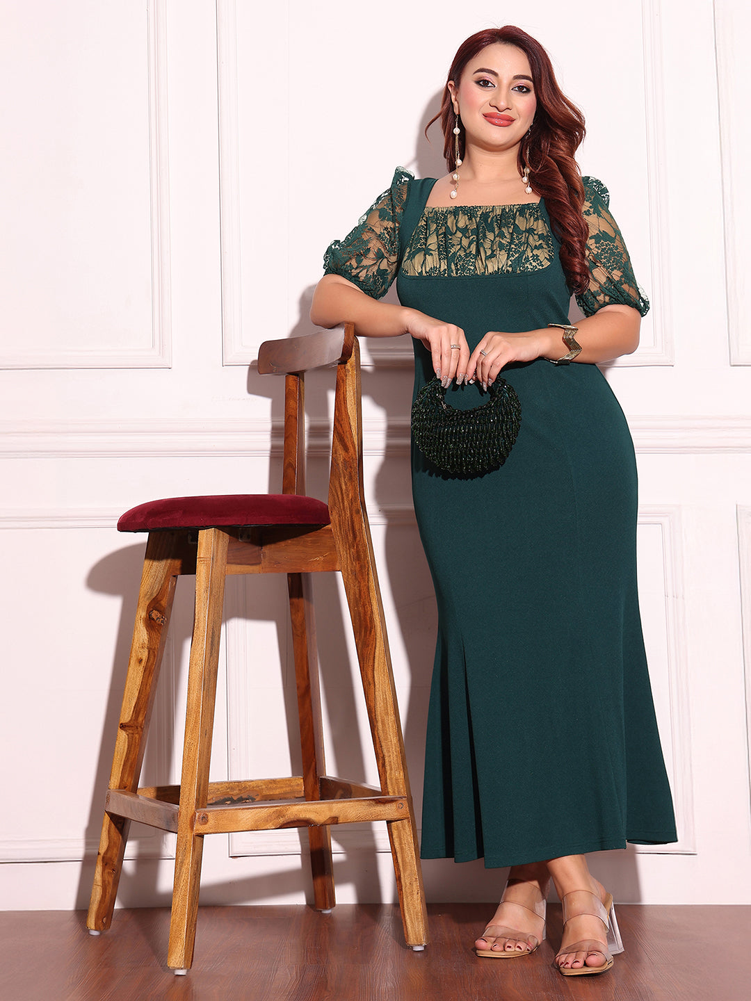 Women's Dark Green Square Puff-Sleeves Solid Lace-Overlaid Ankle Length Dress