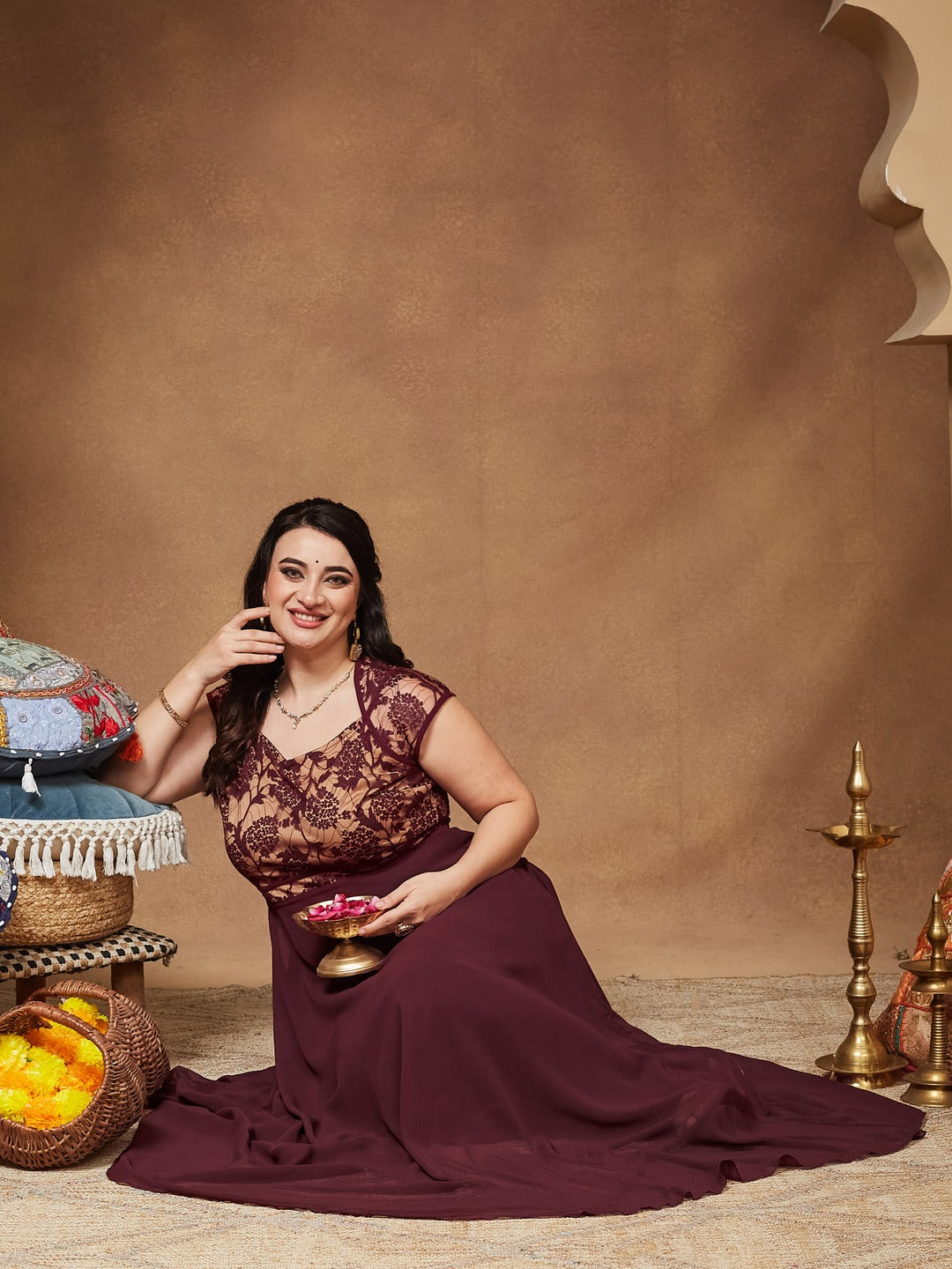 Wine & Beige Floral V - Neck Cap Short Sleeves Lace Overlaid Fit & Flare Paneled Maxi Dress for Women
