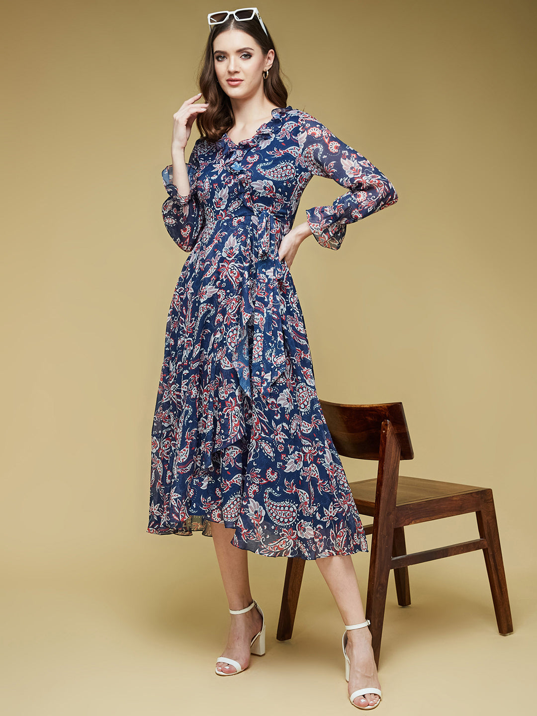 Women's Multicolored-Base-Navy Blue V Neck Full Sleeves Polyester Relaxed Fit Midi Length Dress