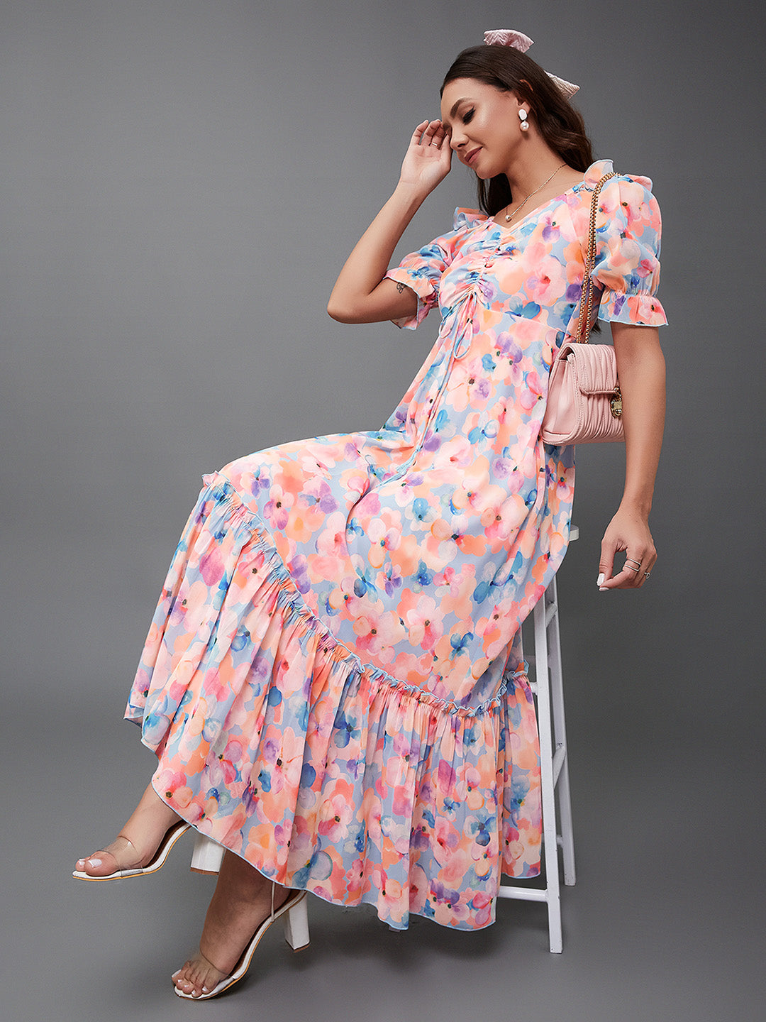 Women's Multicolored-Base-Sky Blue V-Neck Puff Sleeve Floral Ruching Ankle-Length Dress