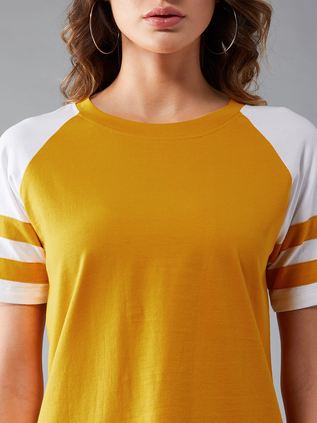 Women's Mustard and white Round Neck Short Sleeve Solid Basic Regular T-Shirt