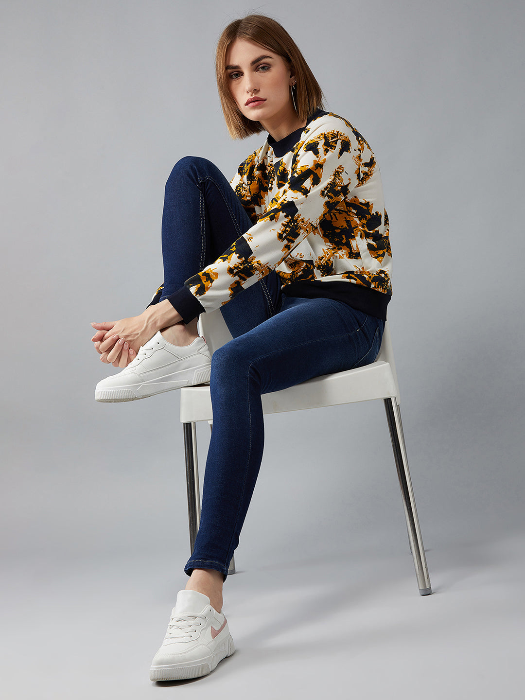 Women's Multicolored-Base-White Round Neck Full Sleeves Abstract Raglan Regular Length Sweatshirt
