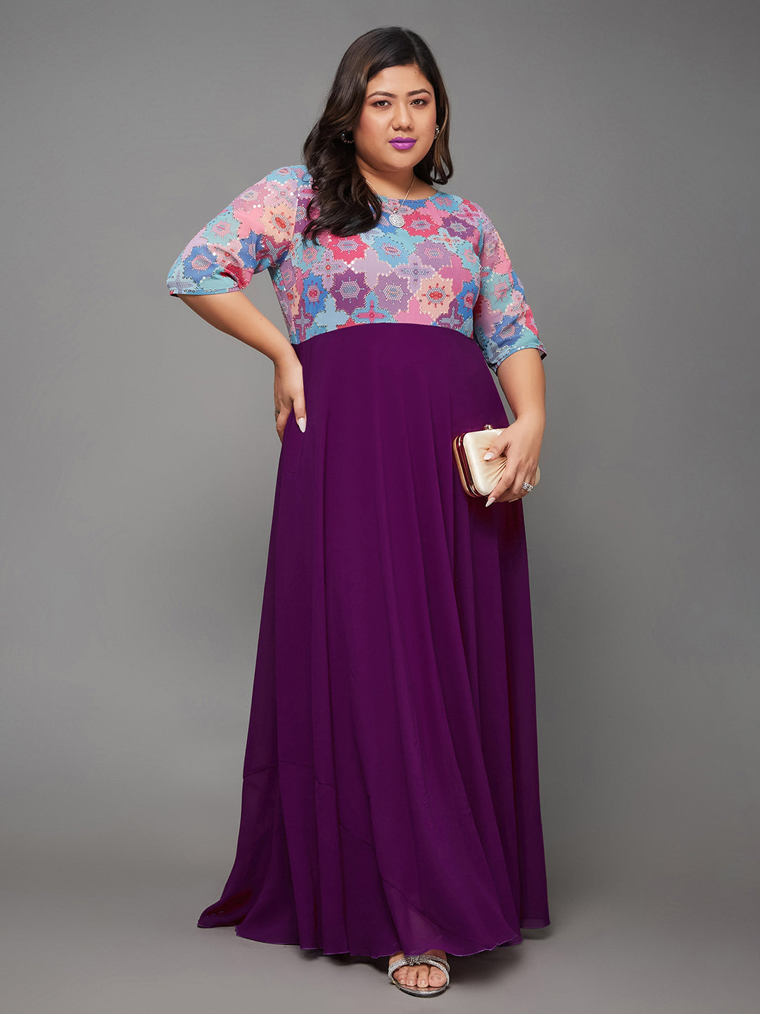 Women's Multicolored-Base-Dark Purple Boat Neck Half Sleeve Geometric Fit & Flare Georgette Maxi Dress