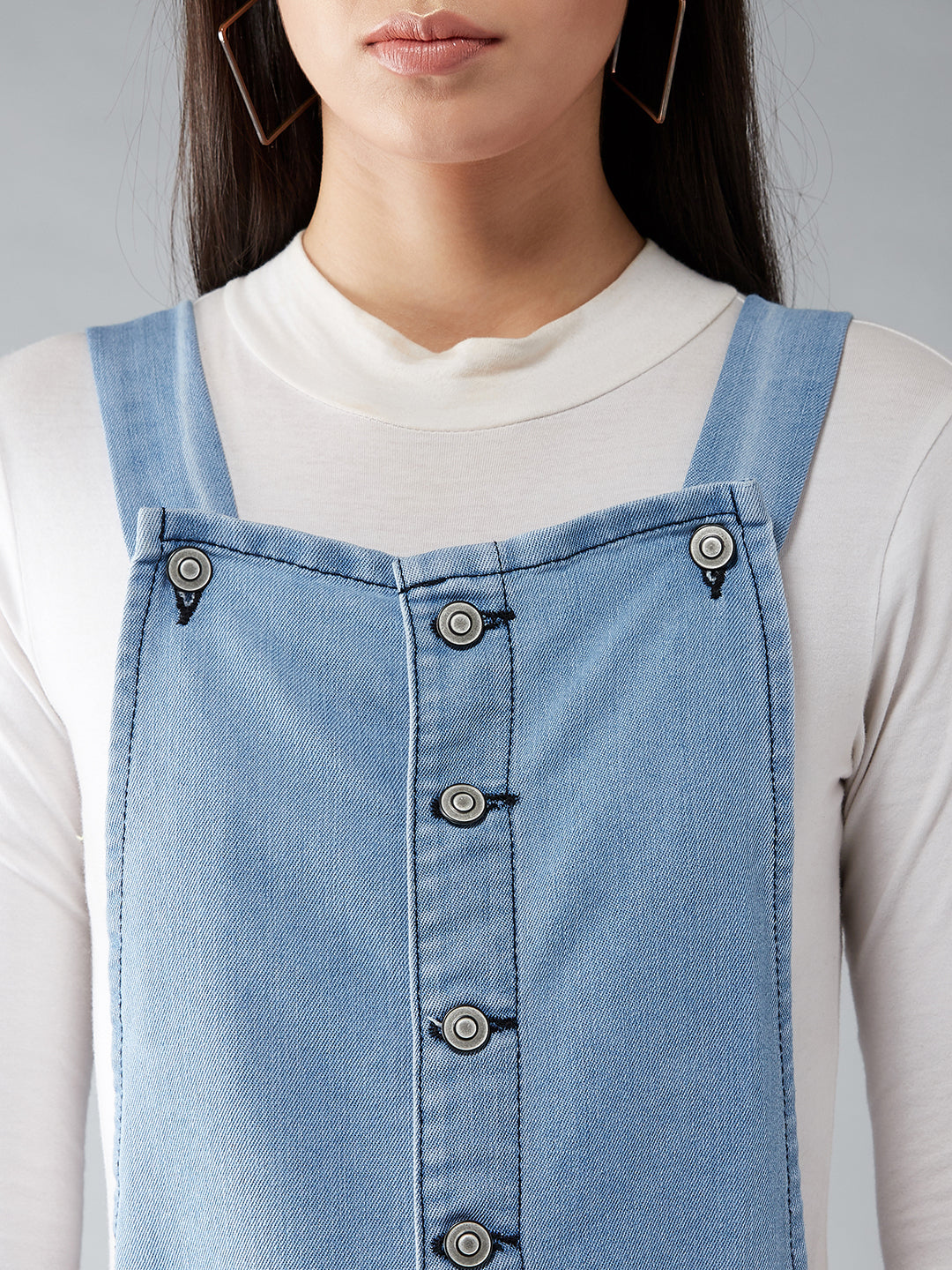 Women's Light Blue Regular Fit Mid Rise Mini Solid Denim Dungaree