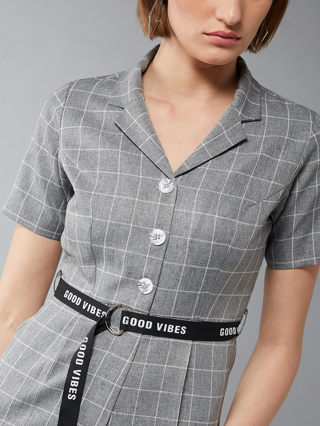 Women's Grey & White Collared Neck Half Sleeves Checkered Flared Jumpsuit