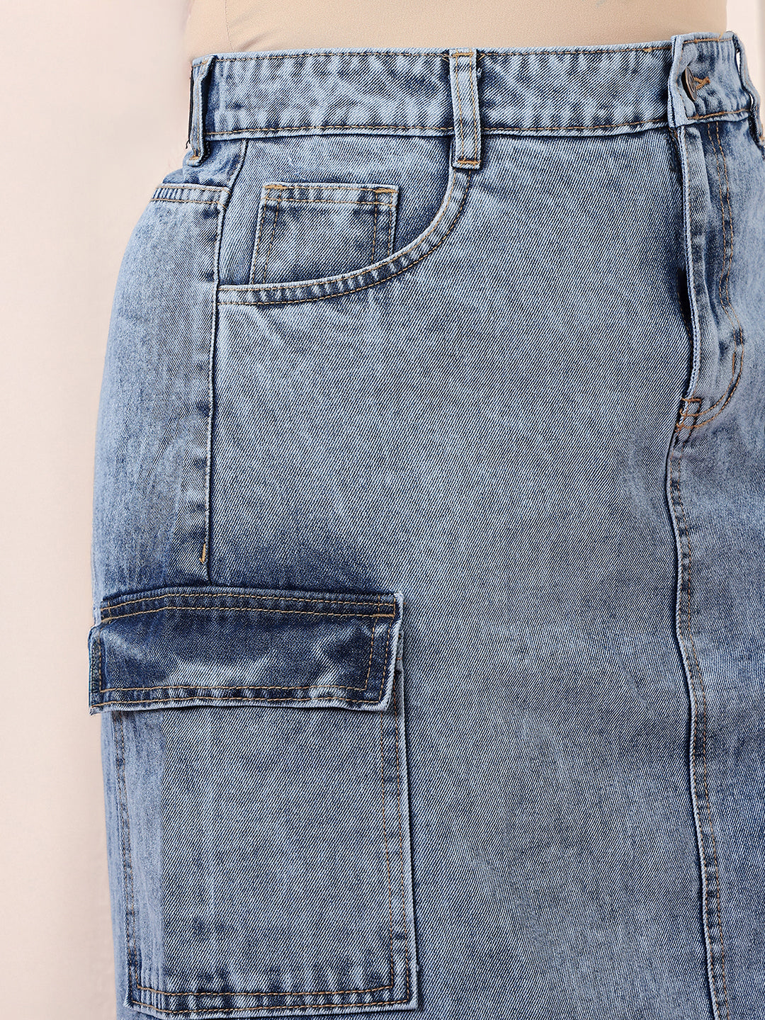 Women's Blue Straight-Fit High-Rise Clean-Look Non-stretchable Denim Midi Skirt