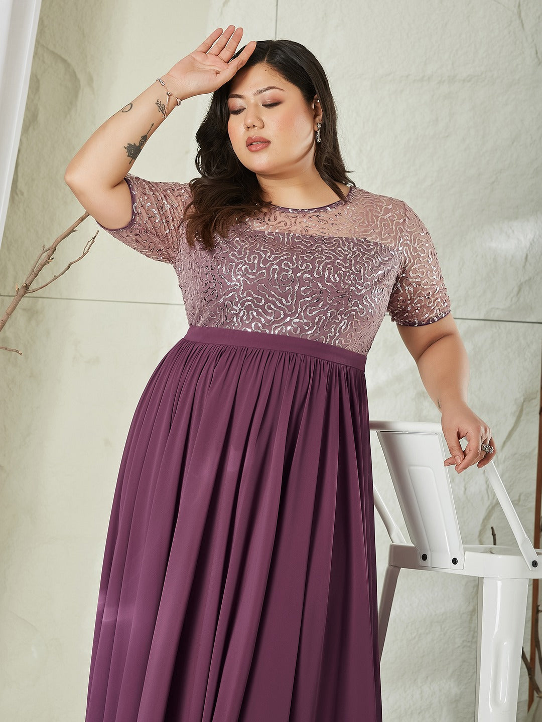 Mauve Relaxed Fit Maxi Georgette & Sequins Dress for Women